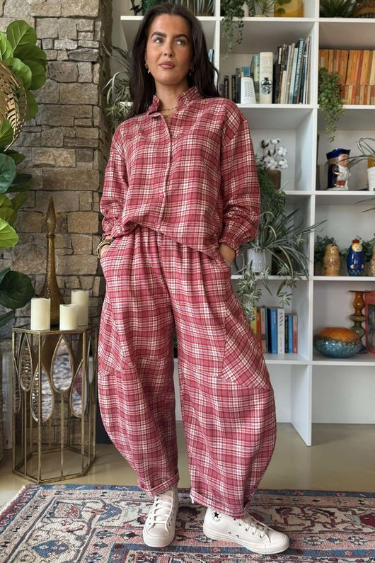 Patrick Plaid Brushed Cotton Barrel Pant Soft Red